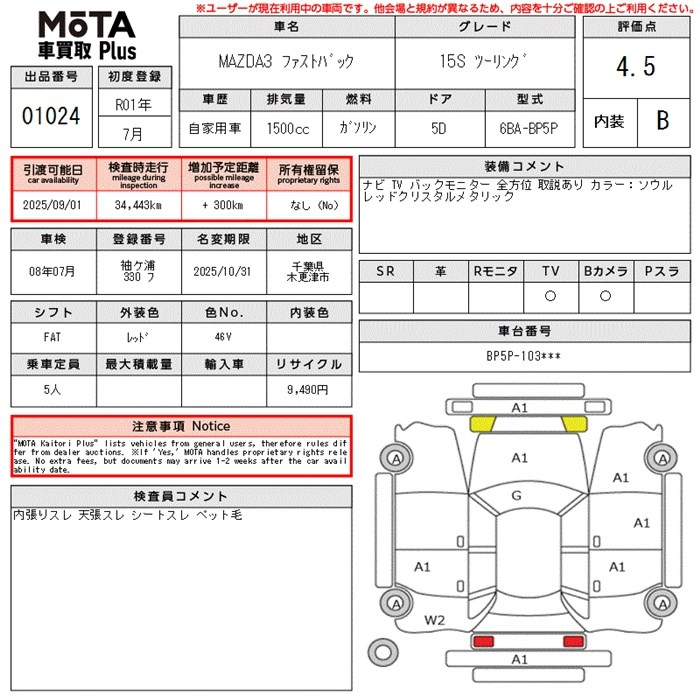 Аукционный лист MAZDA MAZDA3 2019