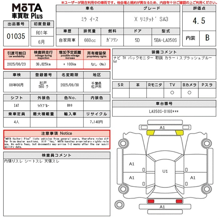 Аукционный лист DAIHATSU MIRA E S 2019