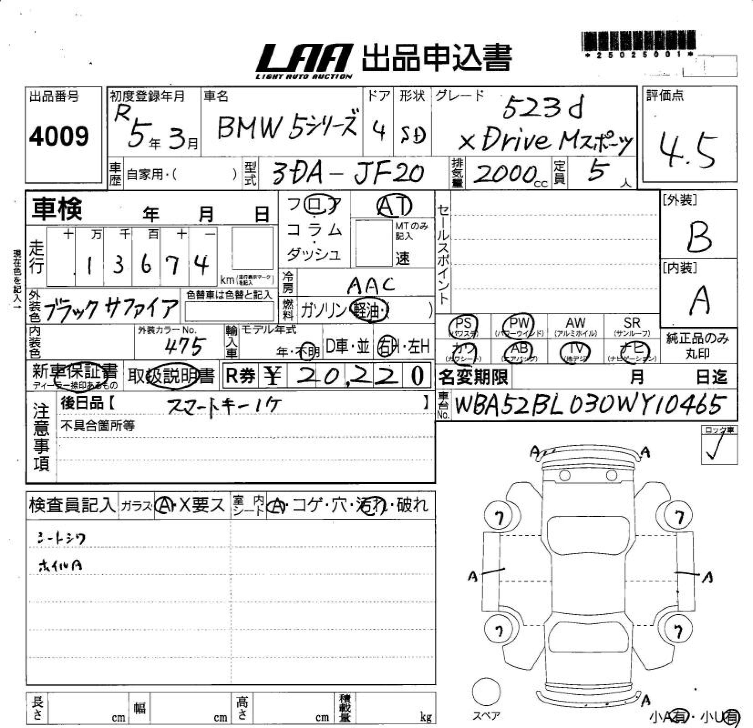 Аукционный лист BMW 5 SERIES 2023