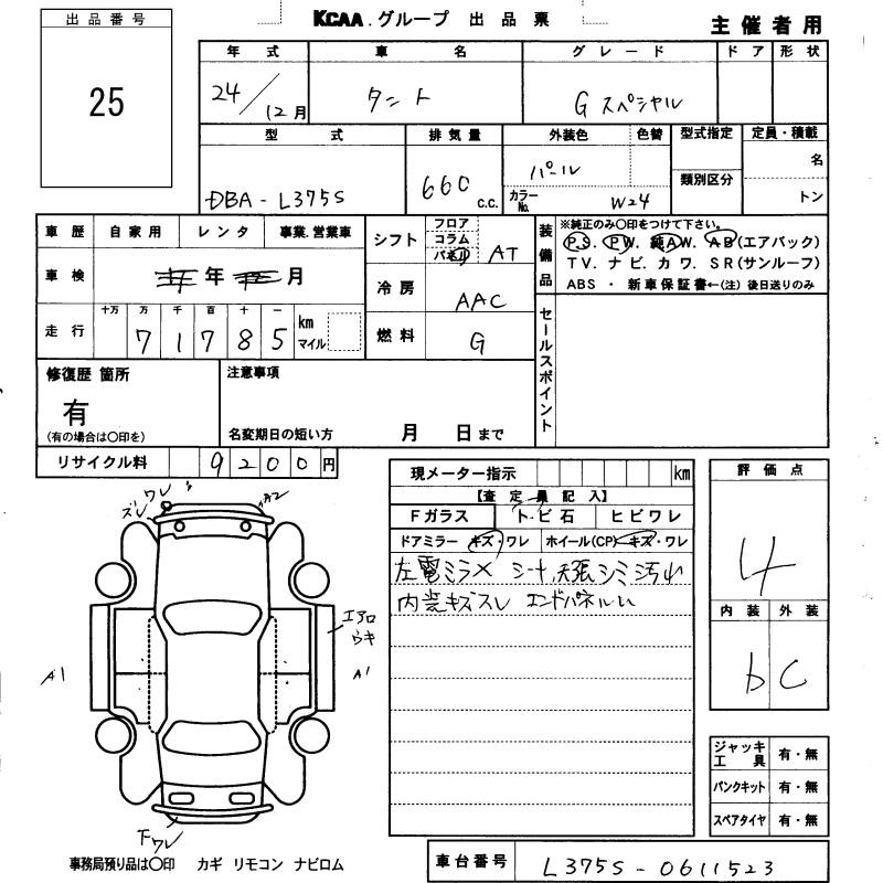 Аукционный лист DAIHATSU TANTO 2012