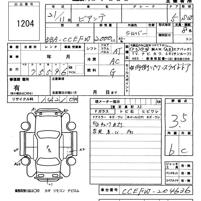 Аукционный лист MAZDA BIANTE 2009