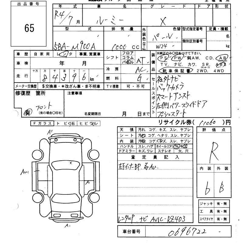 Аукционный лист TOYOTA ROOMY 2022