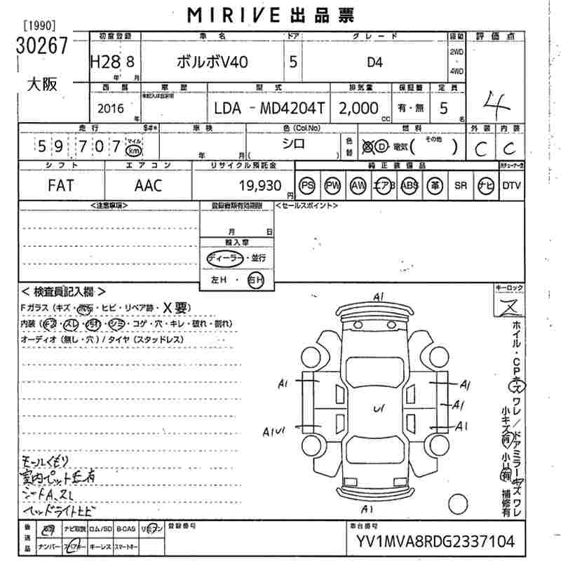Аукционный лист VOLVO V40 2016