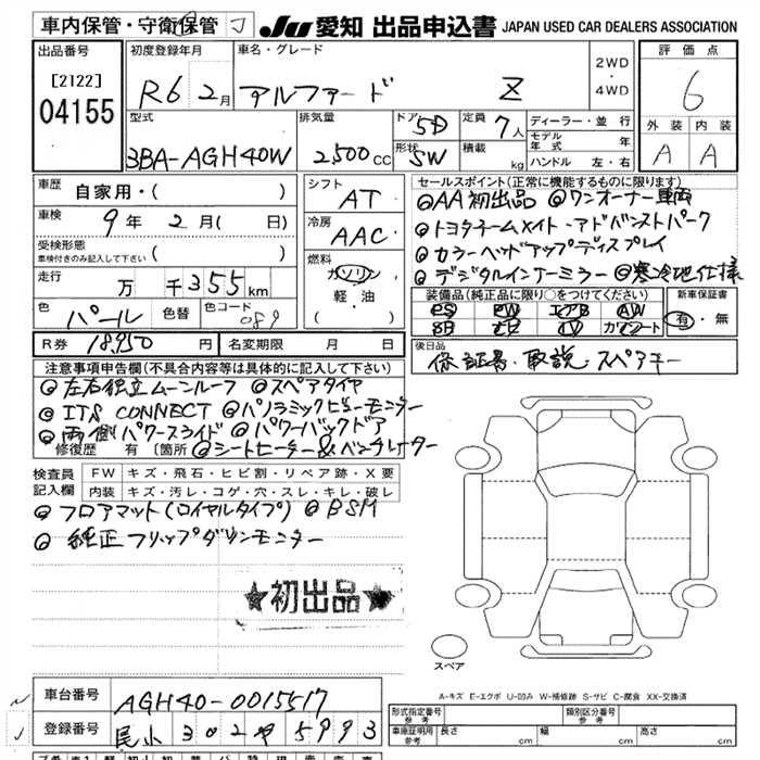 Аукционный лист TOYOTA ALPHARD 2024