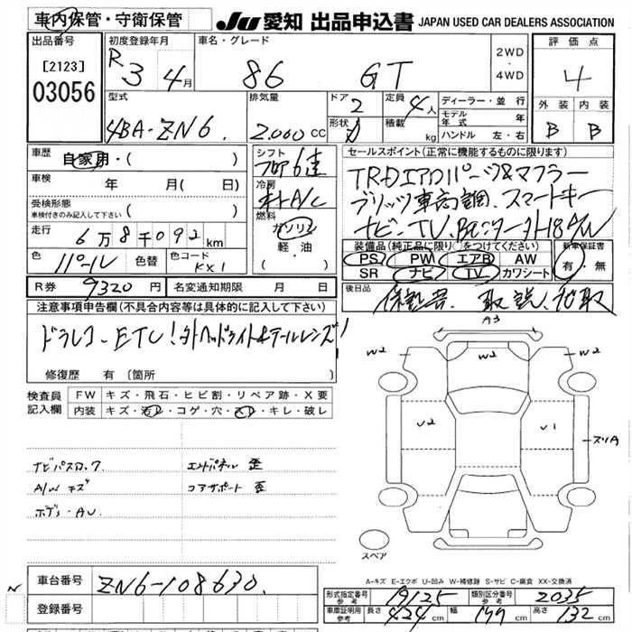 Аукционный лист TOYOTA 86 2021