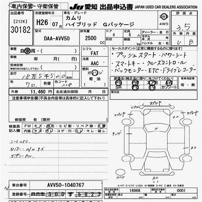 Аукционный лист TOYOTA CAMRY 2014