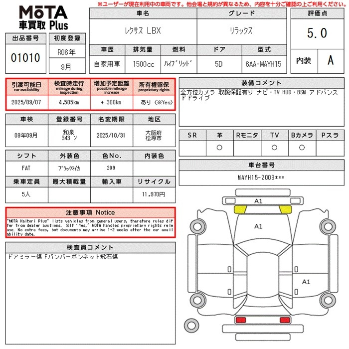 Аукционный лист LEXUS LBX 2024