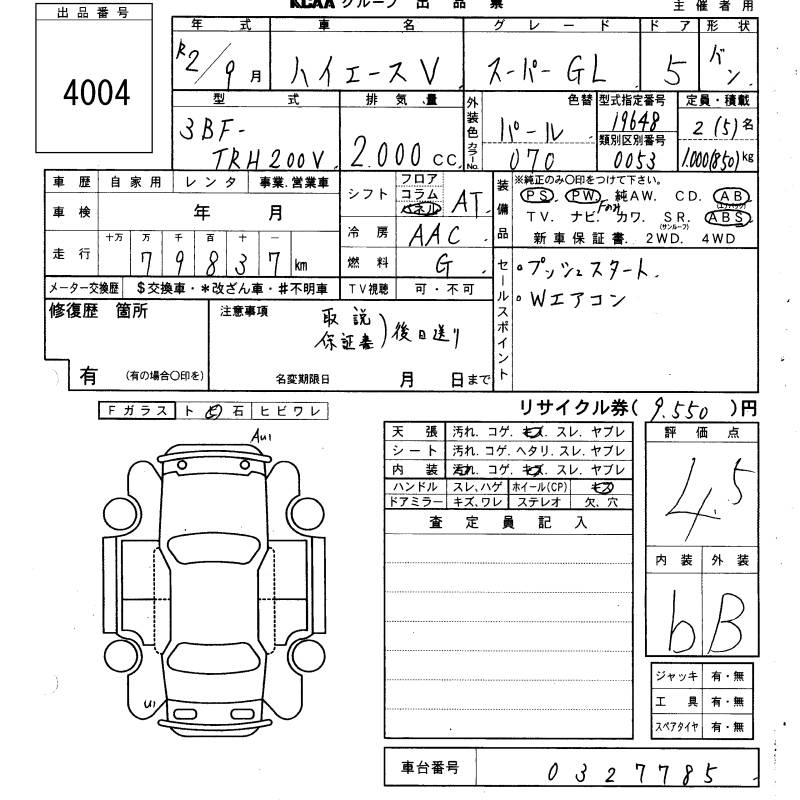 Аукционный лист TOYOTA HIACE VAN 2020
