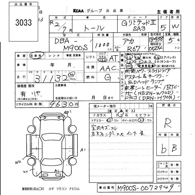 Аукционный лист DAIHATSU THOR 2020