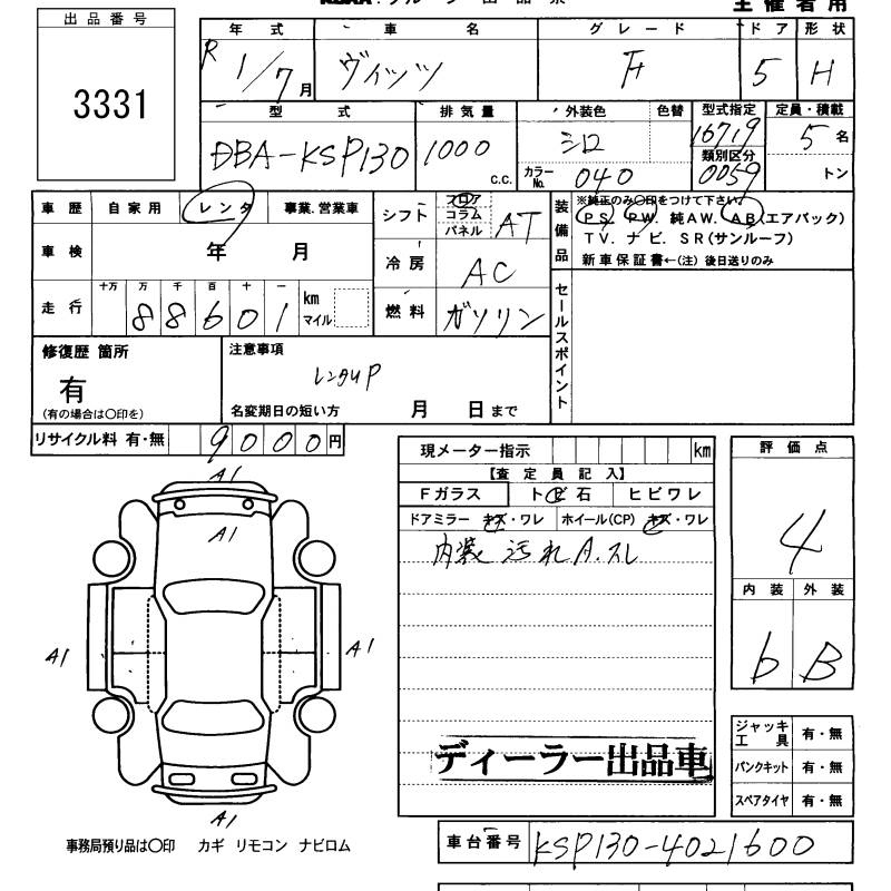 Аукционный лист TOYOTA VITZ 2019