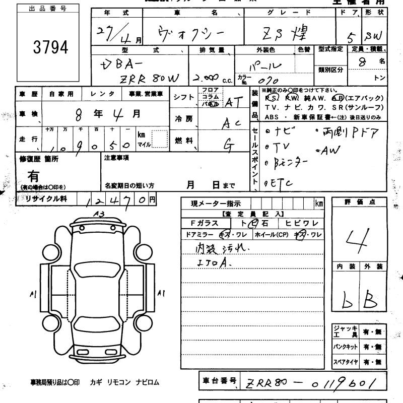 Аукционный лист TOYOTA VOXY 2015