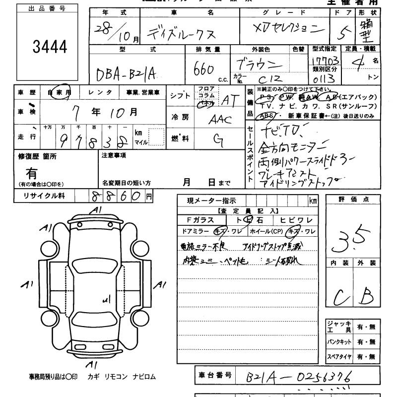 Аукционный лист NISSAN DAYZ ROOX 2016
