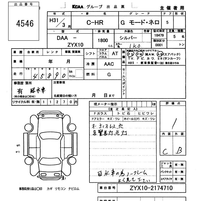 Аукционный лист TOYOTA C-HR 2019