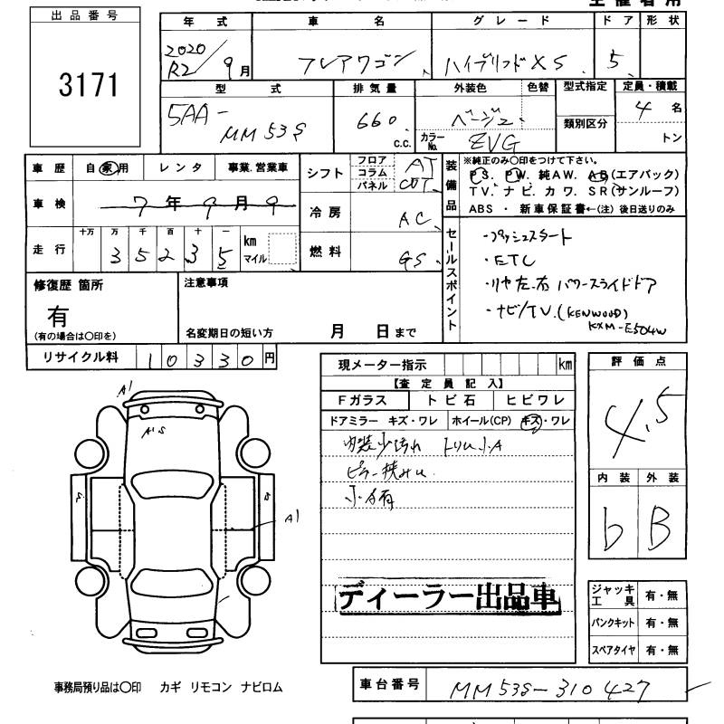 Аукционный лист MAZDA FLAIR WAGON 2020