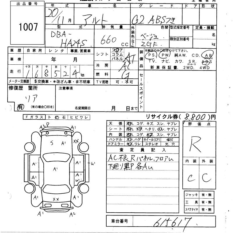 Аукционный лист SUZUKI ALTO 2008
