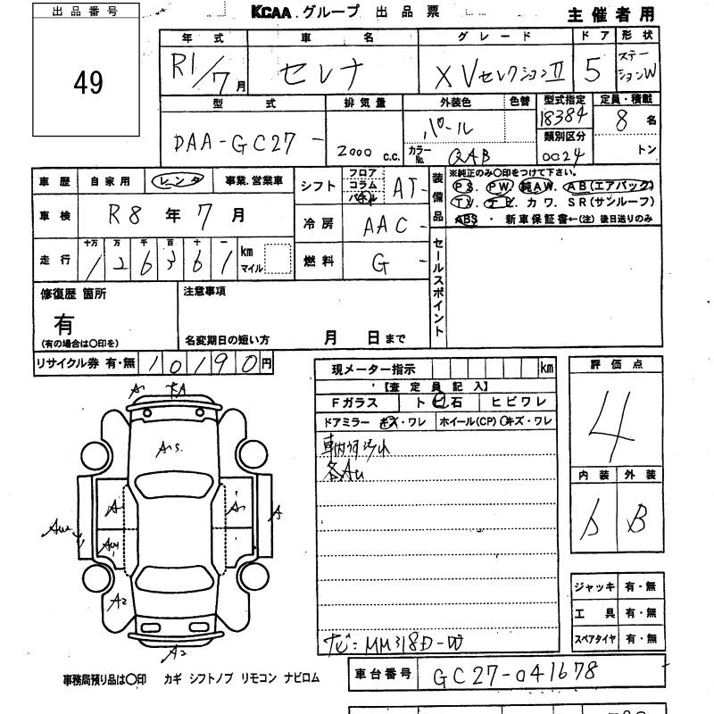 Аукционный лист NISSAN SERENA 2019