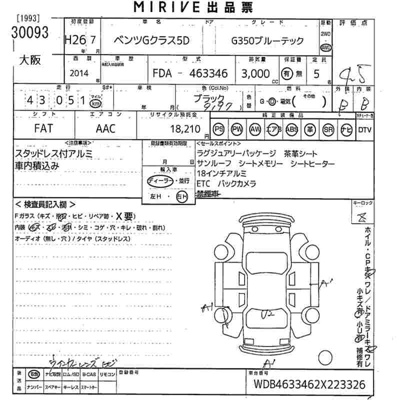 Аукционный лист MERCEDES BENZ G CLASS 2014