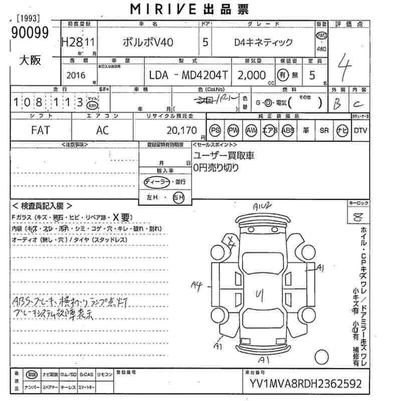 Аукционный лист VOLVO V40 2016