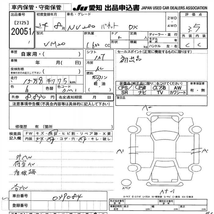 Аукционный лист NISSAN NV200 2012