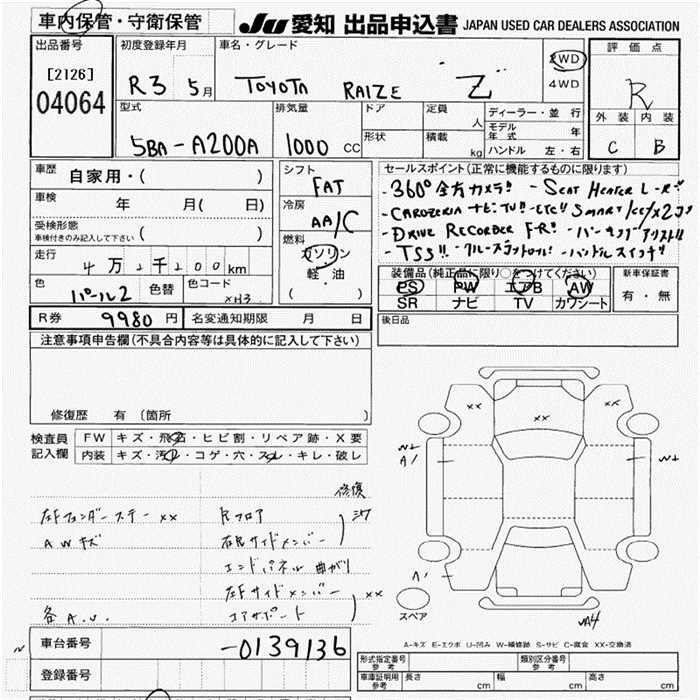 Аукционный лист TOYOTA RAIZE 2021