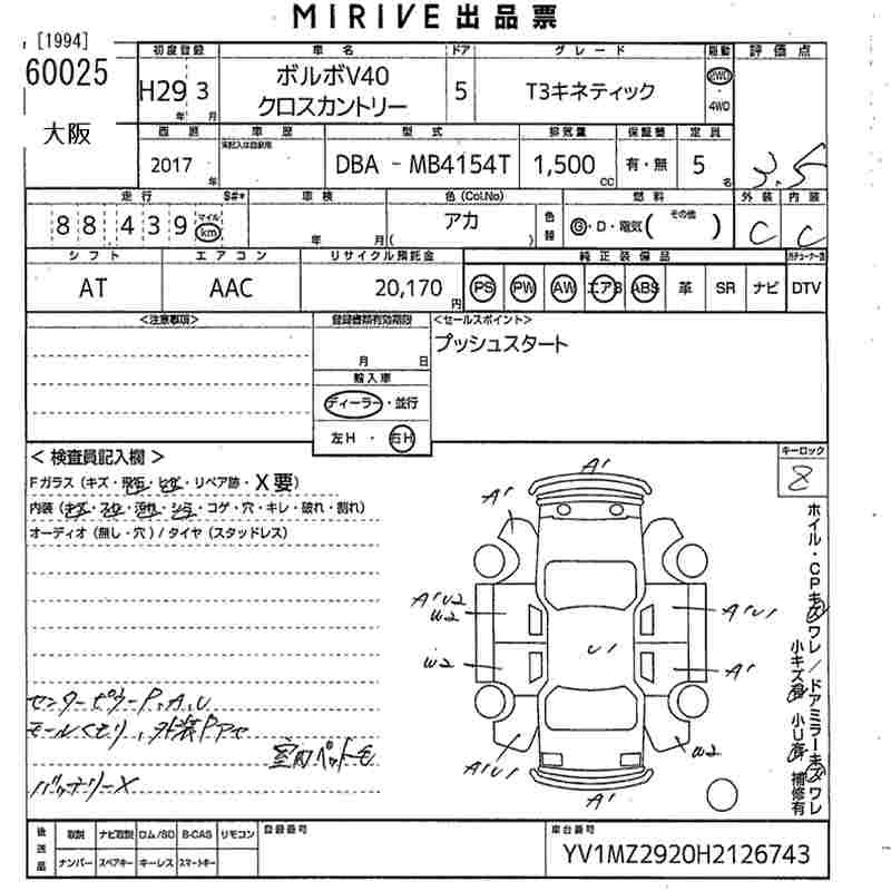 Аукционный лист VOLVO V40 2017