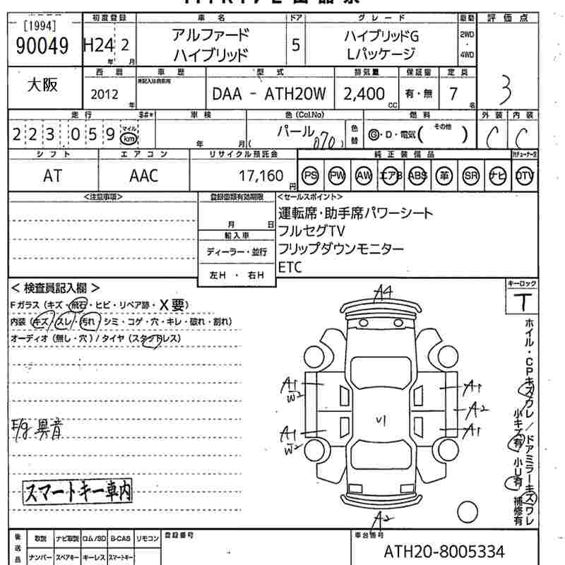 Аукционный лист TOYOTA ALPHARD 2012