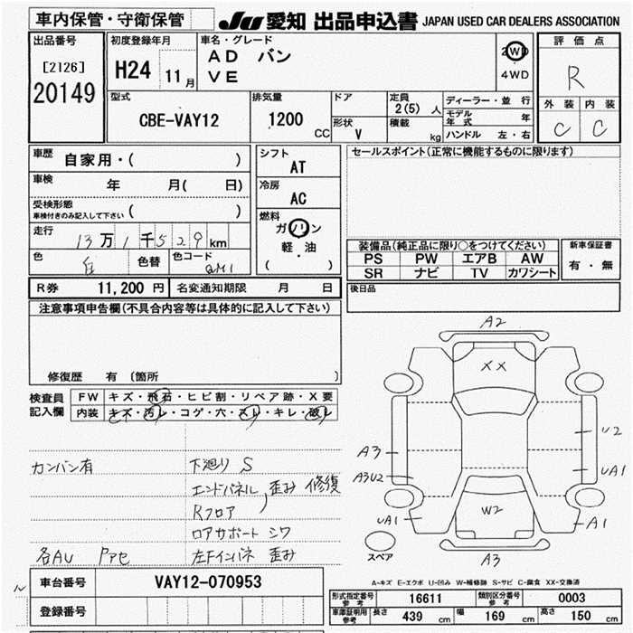 Аукционный лист NISSAN AD 2012