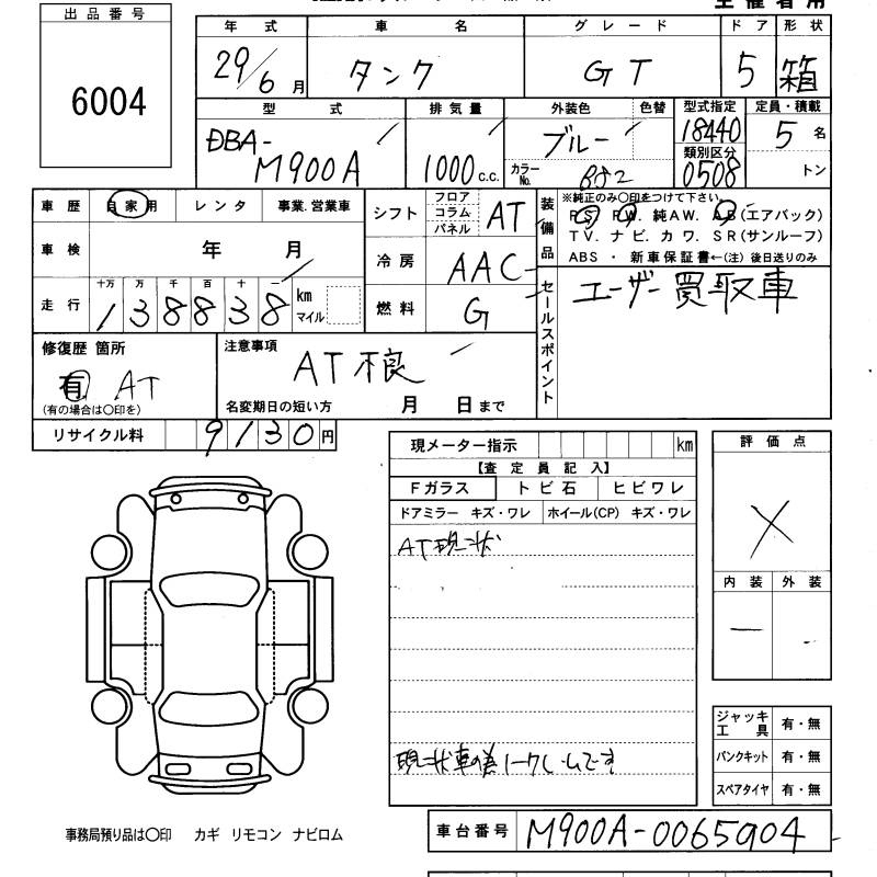 Аукционный лист TOYOTA TANK 2017