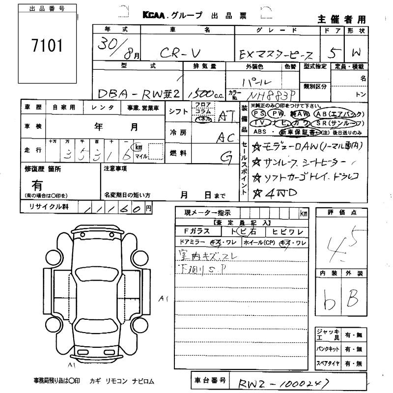 Аукционный лист HONDA CR-V 2018