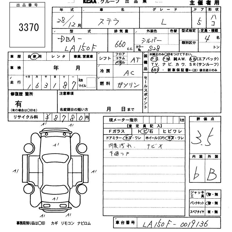 Аукционный лист SUBARU STELLA 2016