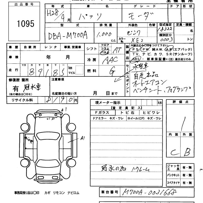 Аукционный лист TOYOTA PASSO 2016