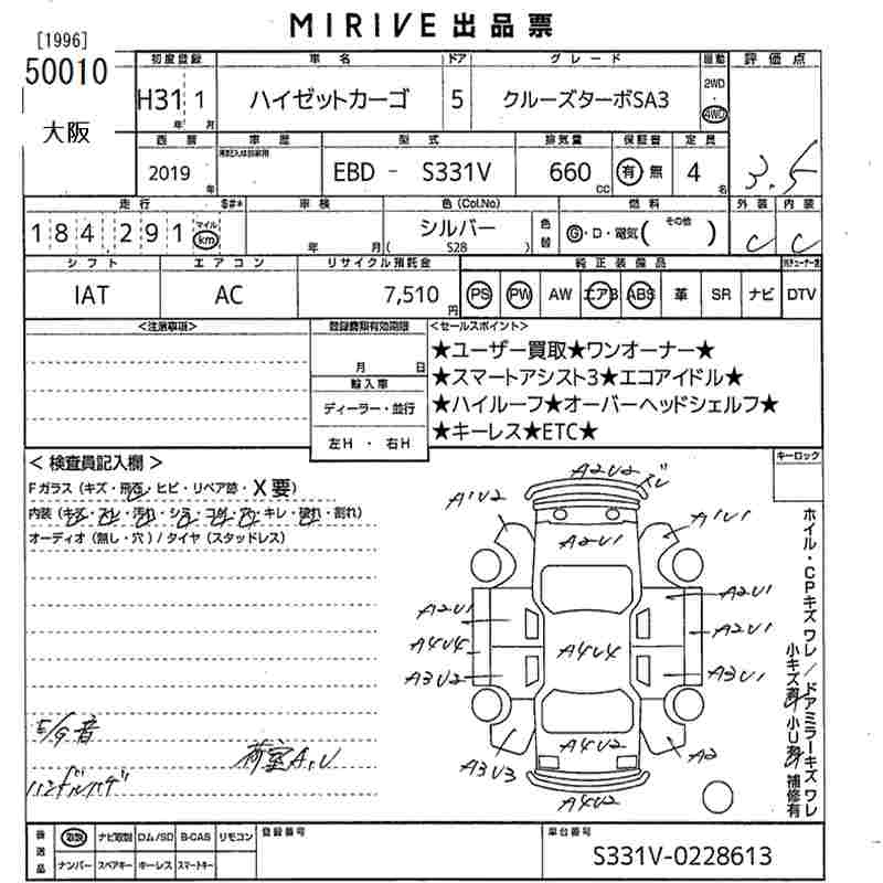 Аукционный лист DAIHATSU HIJET VAN 2019