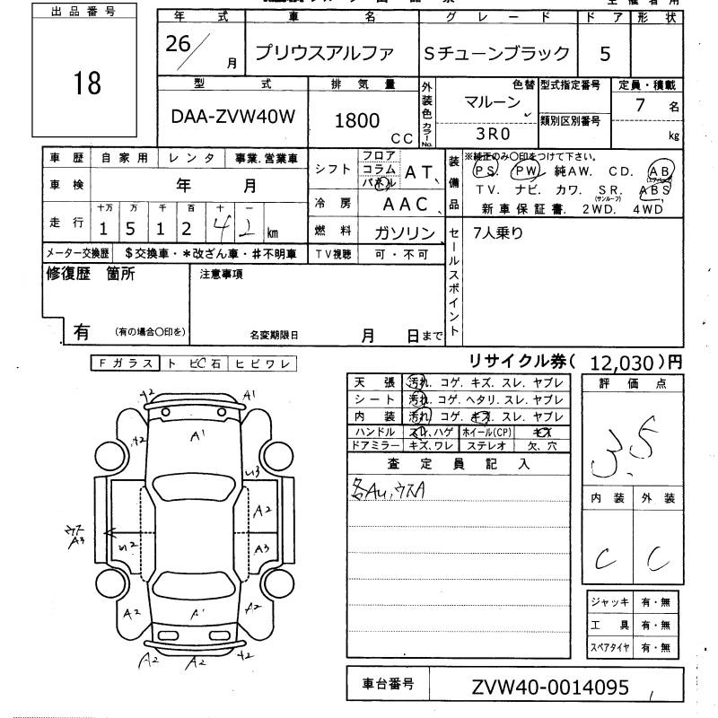 Аукционный лист TOYOTA PRIUS ALPHA 2014