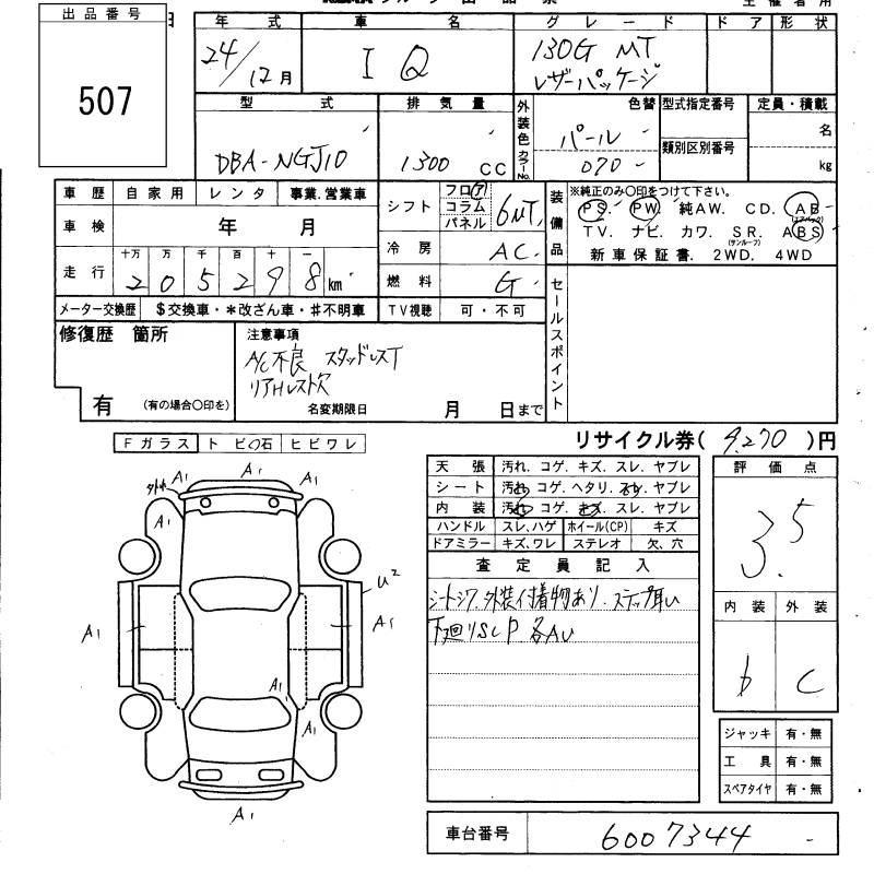 Аукционный лист TOYOTA IQ 2012