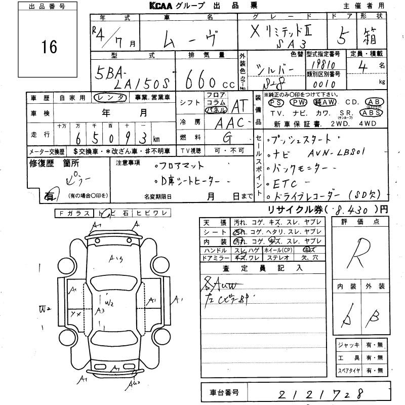 Аукционный лист DAIHATSU MOVE 2022