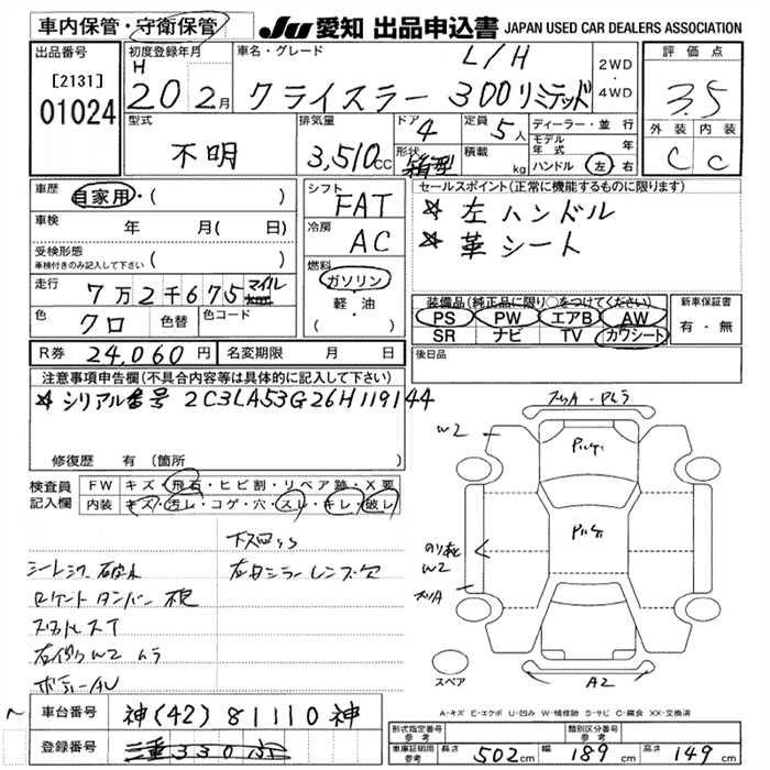 Аукционный лист CHRYSLER 300 2008