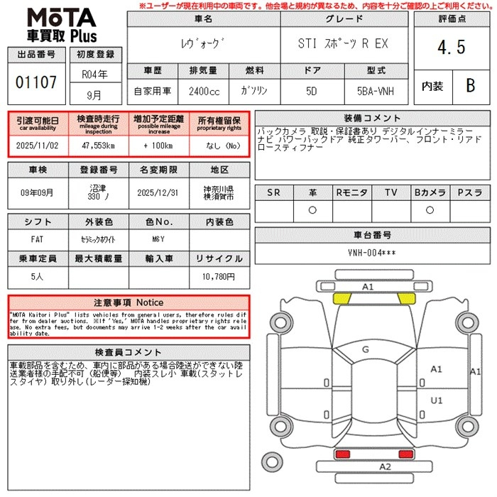 Аукционный лист SUBARU LEVORG 2022