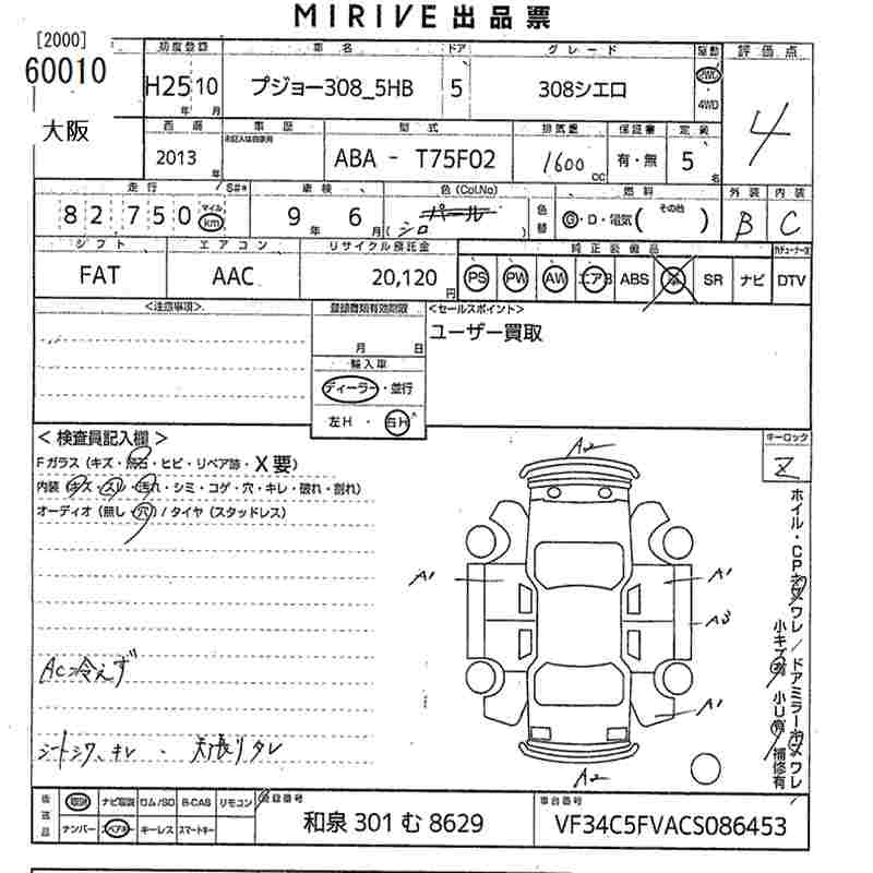 Аукционный лист PEUGEOT 308 2013