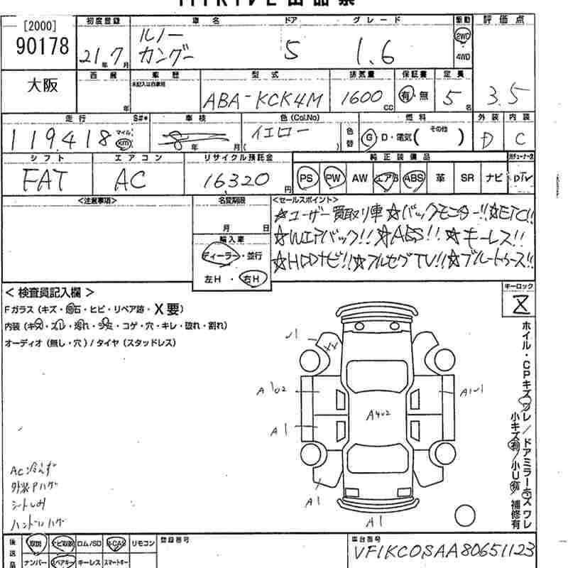 Аукционный лист RENAULT KANGOO 2009