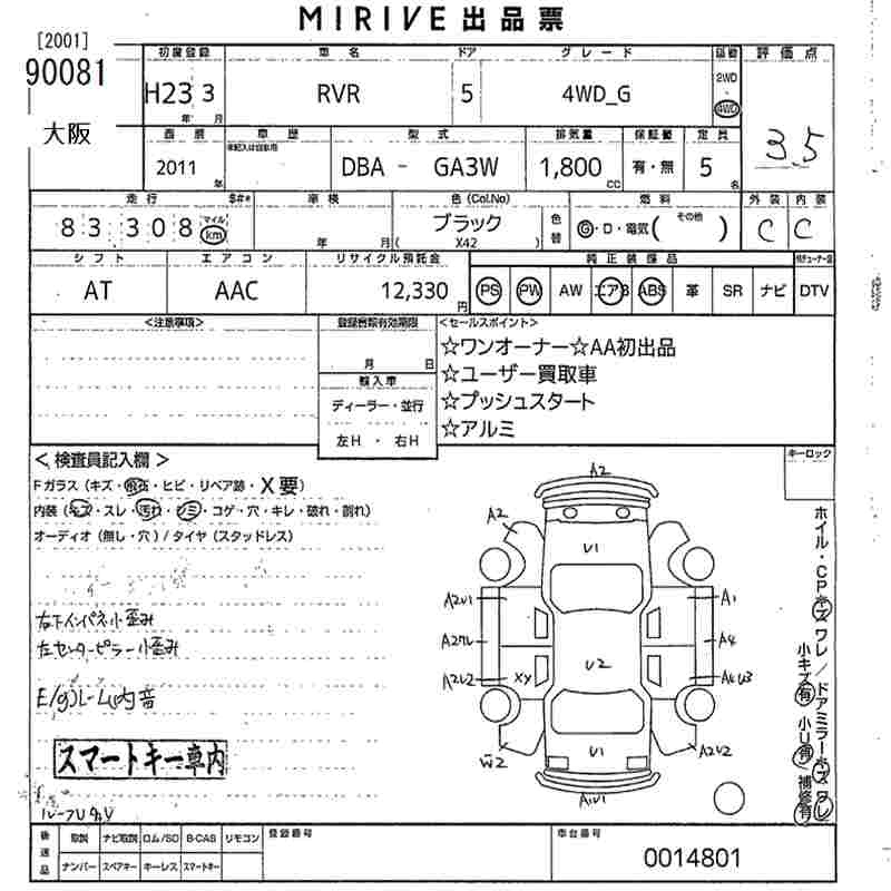 Аукционный лист MITSUBISHI RVR 2011