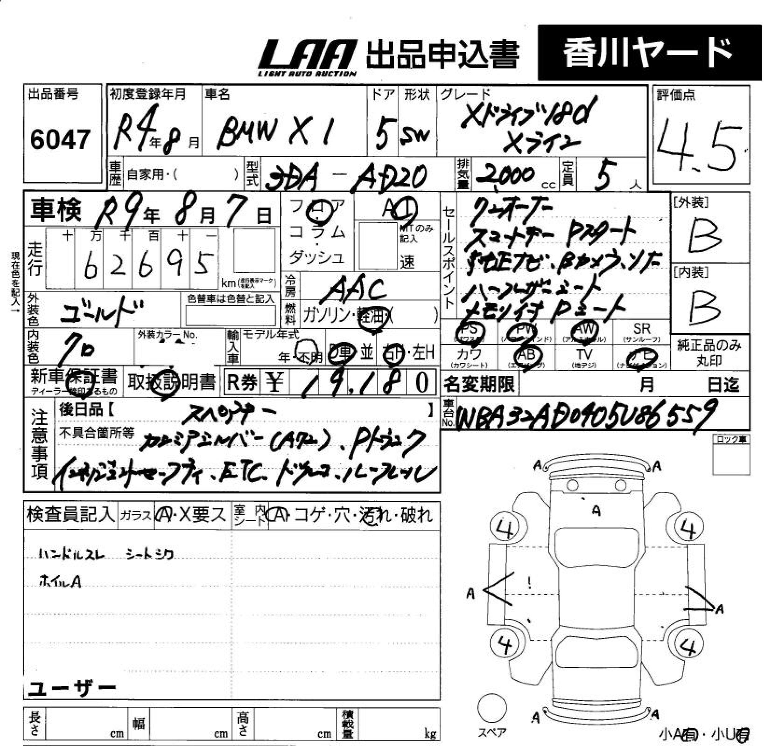 Аукционный лист BMW X1 2022