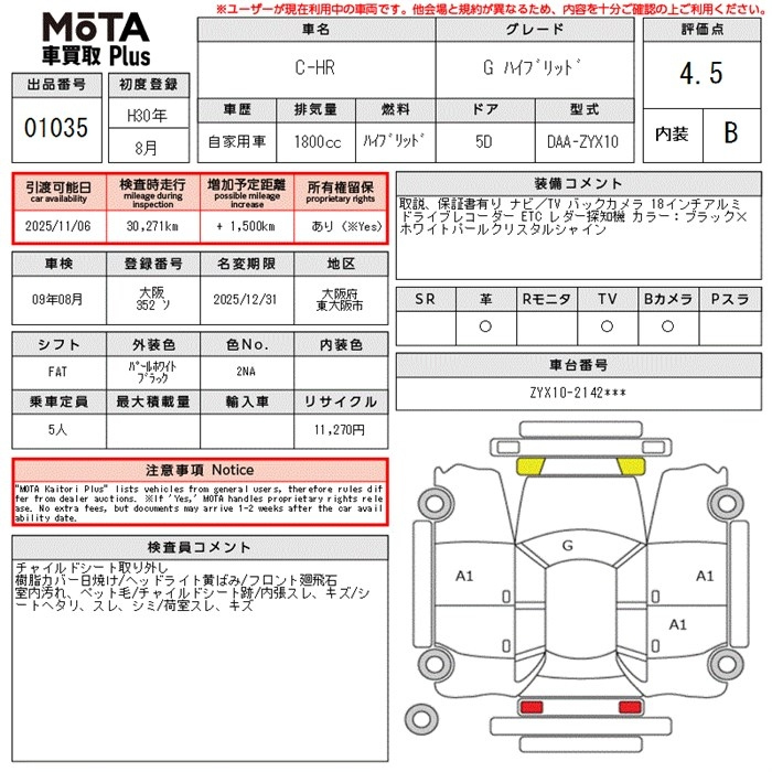 Аукционный лист TOYOTA C-HR 2018