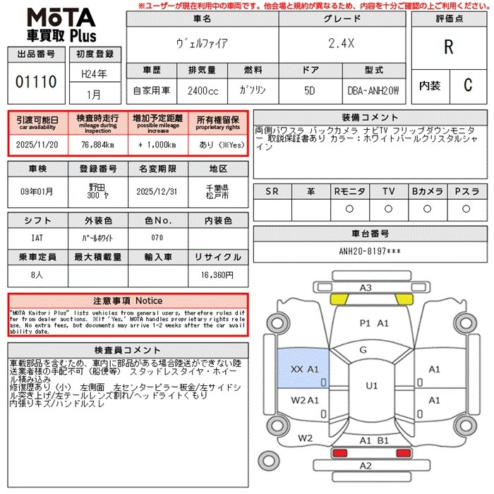Аукционный лист TOYOTA VELLFIRE 2012