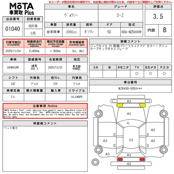 Аукционный лист TOYOTA VOXY 2023