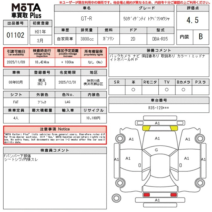 Аукционный лист NISSAN GT-R 2019