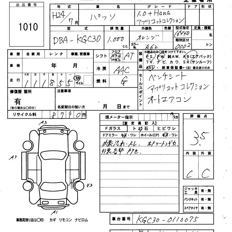 Аукционный лист TOYOTA PASSO 2012