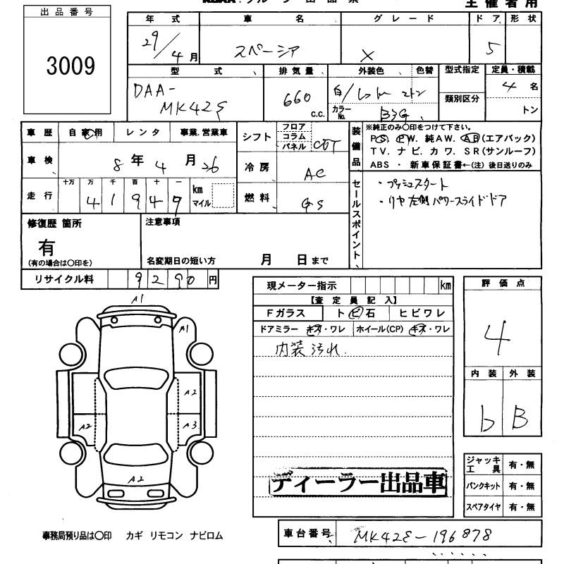 Аукционный лист SUZUKI SPACIA 2017