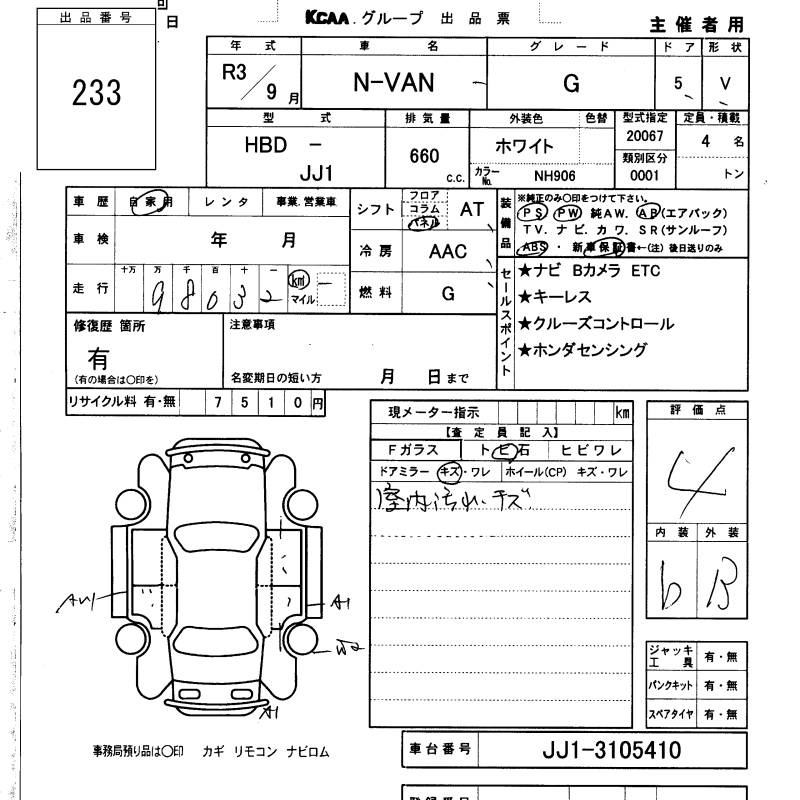 Аукционный лист HONDA N VAN 2021
