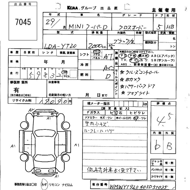 Аукционный лист BMW MINI 2017