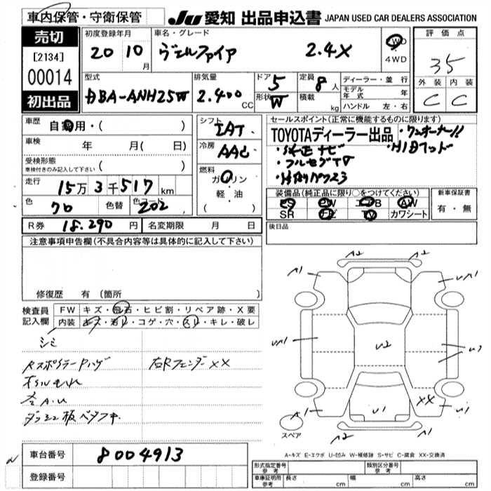 Аукционный лист TOYOTA VELLFIRE 2008